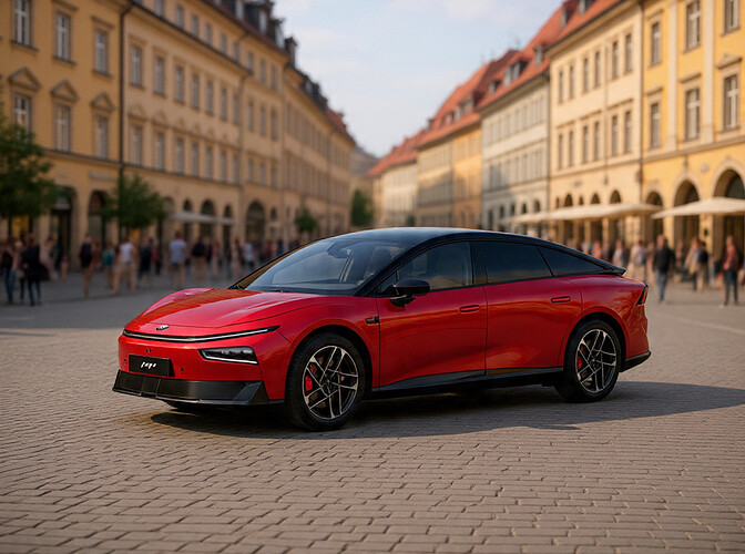 Xpeng P7 plus AWD in bright-cherry metallic parking in the city by META
